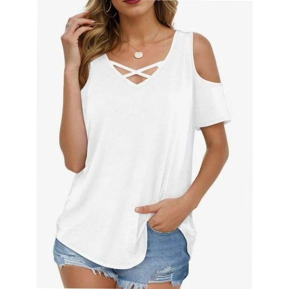 V Neck Criss Cross Cold Shoulder Tops Blouse for Womens