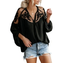 V Neck Crochet Lace Tops for Women Casual Loose Puff Sleeve Fall Shirts Flowy Chiffon Blouses,Black,X-Large,