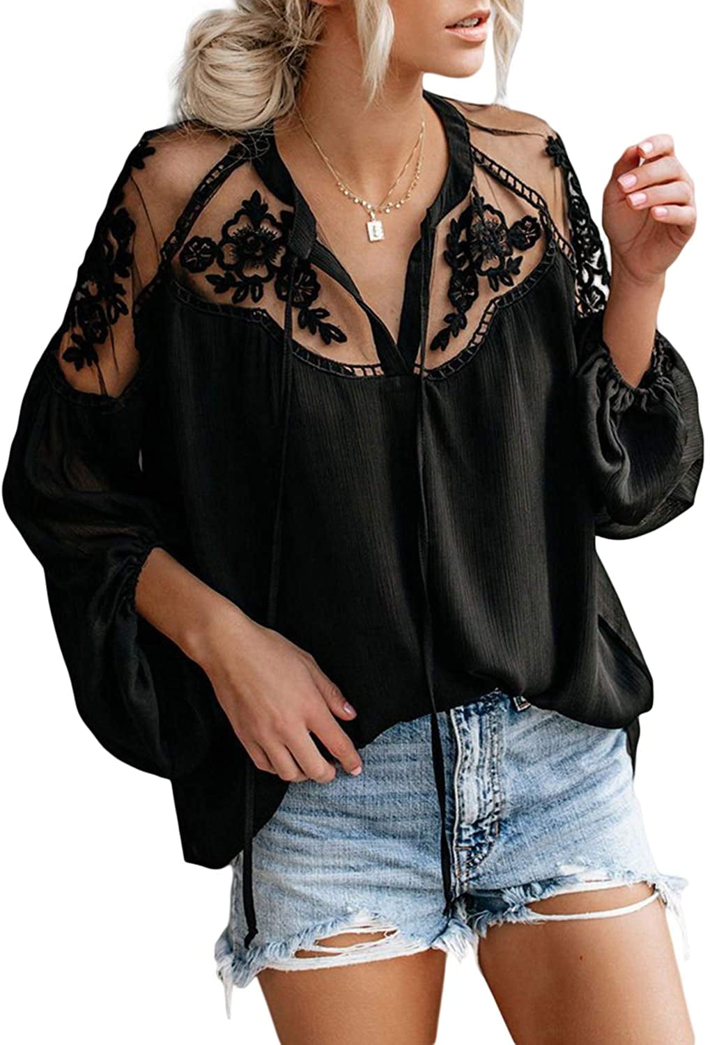 Women’s Boho Summer Tops – V-Neck Chiffon Blouse With Lace Hem, Short Sleeve, Flowy Fit