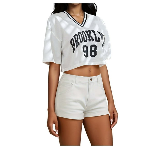 V Neck Cropped T Shirt For Women Short Sleeve Graphic Tee Cute Summer Fashion Top Casual Comfortable Fit Stylish
