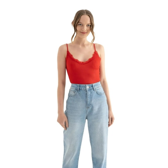 V Neck Cropped Tank Top with a Lace Detail