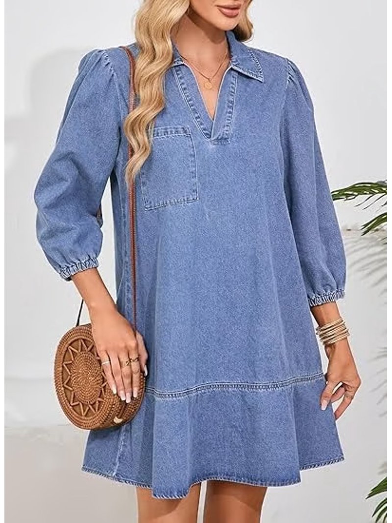 V-Neck Denim Dress with 3/4 Length Puff Sleeves - Mid-Calf Casual Basic Stretch Cotton Jean Shirt Dress for Women Denim Dress for Women V-Neck Denim Dress with 3/4 Length Puff Sleeves - Mid-Calf Casual Basic Stretch Cotton Jean Shirt Dress for Women Denim Dress for Women