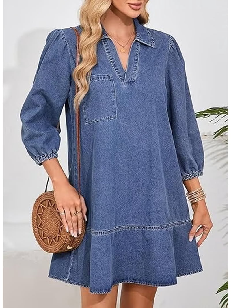 white christmas dresses Denim 3/4 Sleeve Tied V-Neck Pleated Mini Dress Sail Blue / S main image 1