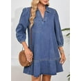 thumbnail image 1 of V-Neck Denim Dress with 3/4 Length Puff Sleeves - Mid-Calf Casual Basic Stretch Cotton Jean Shirt Dress for Women Denim Dress for Women, 1 of 8