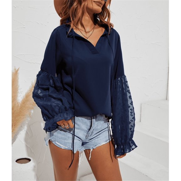 V Neck Drawstring Lantern Sleeve Floral Detail Peasant Blouse