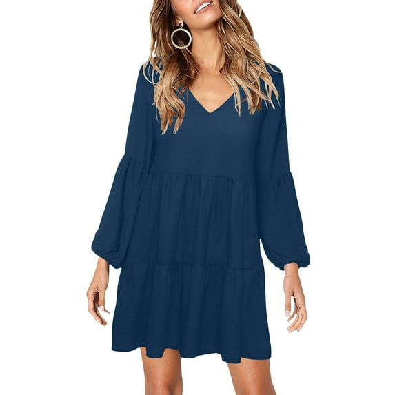 V-Neck Dress Loose Fit Dress (Size:M; Style:Women's V-Neck Loose fit Dress, Dark blue V-Neck Loose Fit Dress (Model D62);)