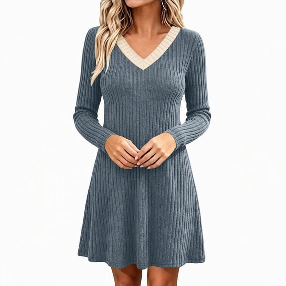 V Neck Dress for Women Trendy Solid Color Back Pleated Long Sleeve ...