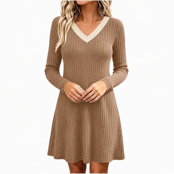 Solid Colar V Neck Dress for Women Trendy Solid Color Back Pleated Long Sleeve ...