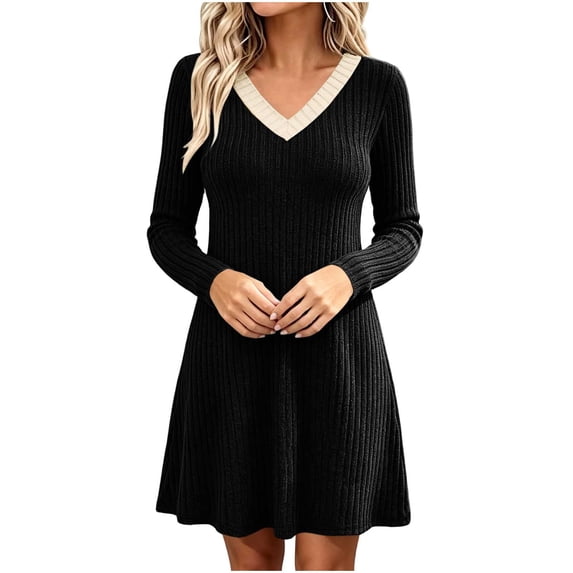 Solid Colar V Neck Dress for Women Trendy Solid Color Back Pleated Long Sleeve ...