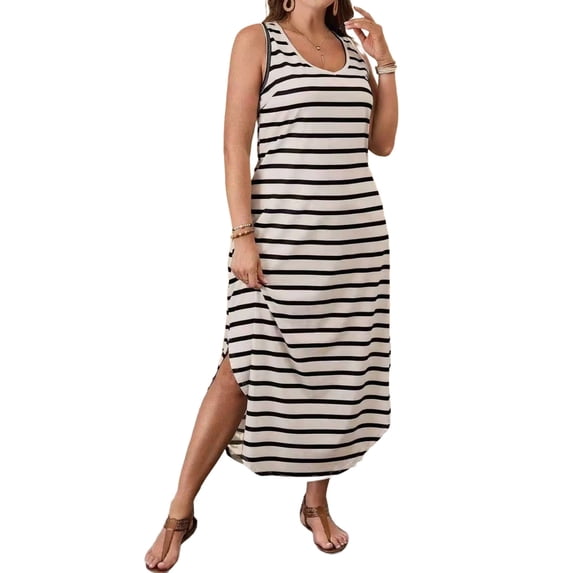V Neck Dresses for Ladies Fall Summer Sleeveless Maxi Long Loose Fit Brunch Striped with Slit Dresses Juniors 2026 Clothing Fashion Country Concert Y2K