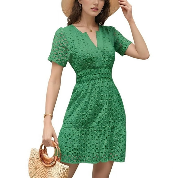 V Neck Eyelet High Waist A-Line Skirt Green XL