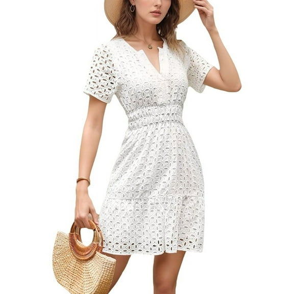 Women's V Neck Eyelet High Waist A-Line Skirt White XXL