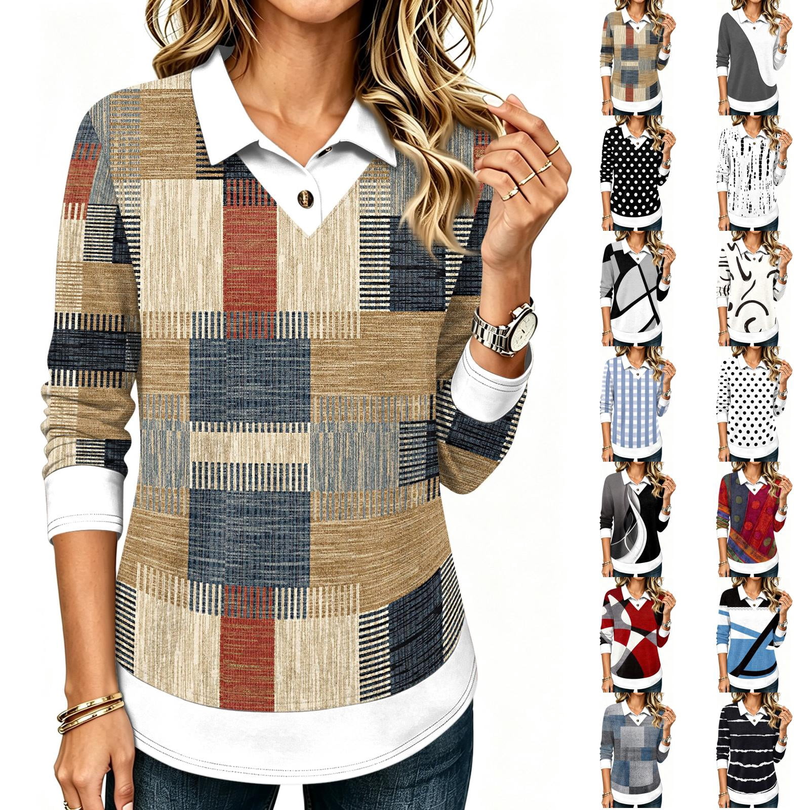 V Neck Fake Two Piece Shirt For Women Collared Long Sleeve Multi ...