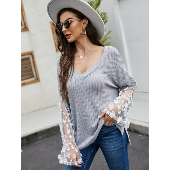 V Neck Flower Applique Bishop Sleeve Waffle Knit Sweater for Women