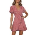thumbnail image 1 of V-Neck Flower Print Bohemian Style Women Flared Dress With Belt, 1 of 4