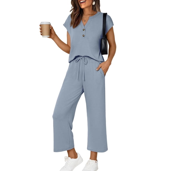 V Neck Henley Two Piece Lounge Sets for Women Spring Vacation Beach Travel Airport Casual Cruise Wide Leg Pants Outfits 2026 Blue 2XL