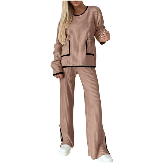 V-Neck Hoodie for Lady Set Womens Sweater Suit 2 Piece Sweatsuit Outfits Long Sleeve Knit Sweater Tops with Pockets Wide Leg Pants Soft Loungewear Sets Khaki XXL