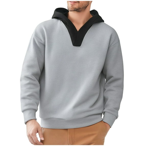 V Neck Hoodies for Men Pullover Fleece Lined Sweatshirts Mens Casual Color Block Long Sleeve Slim Thermal Warm Athletic Workout Hoodie Tops