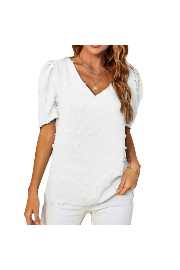 V-Neck Jacquard Top with Puffed Sleeves, Loose Fit Casual Tee - White XL Summer Chic Bienvenido