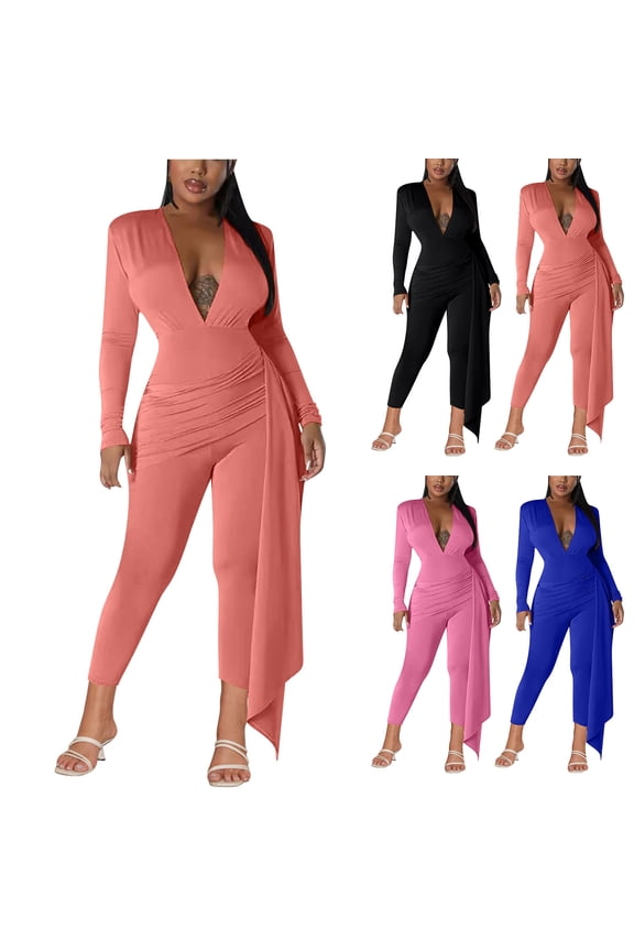 V-Neck Jumpsuit Set with Pockets High Elasticity Women's Casual Romper Jumpsuit Set Lounge Wear for Women Mother's Day Gifts | CSEONE,Orange XL