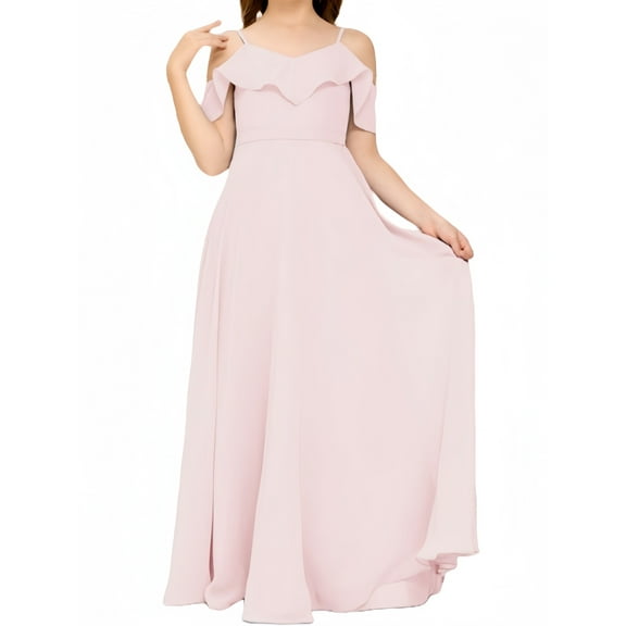 V Neck Junior Bridesmaid Dresses Long Off-Shoulder Chiffon Flower Girl Dress for Teen Girls Party Pageant Gowns-Blushing pink-14Y