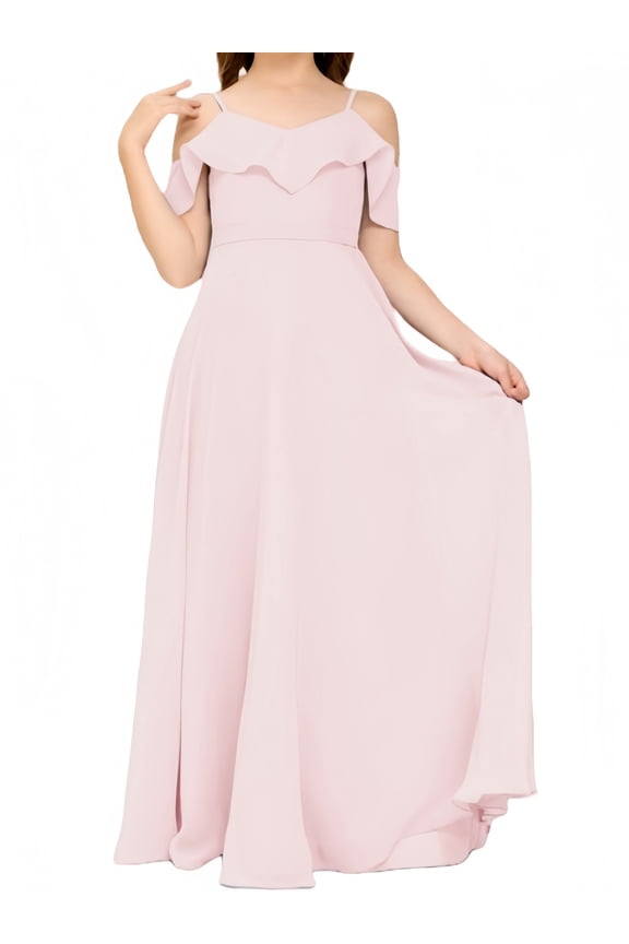 V Neck Junior Bridesmaid Dresses Long Off-Shoulder Chiffon Flower Girl Dress for Teen Girls Party Pageant Gowns-Blushing pink-8Y