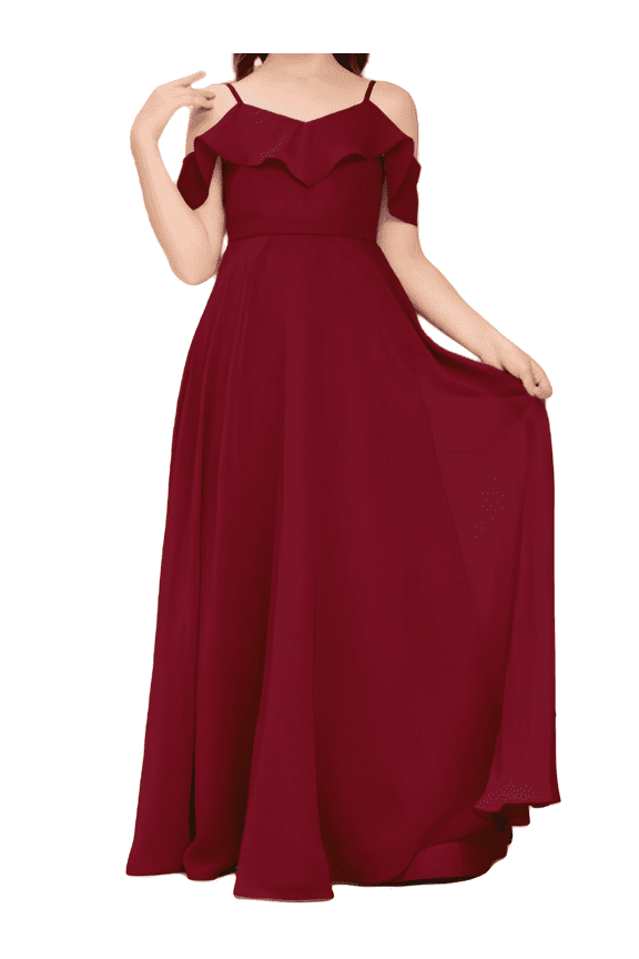 V Neck Junior Bridesmaid Dresses Long Off-Shoulder Chiffon Flower Girl Dress for Teen Girls Party Pageant Gowns-Burgundy-8Y
