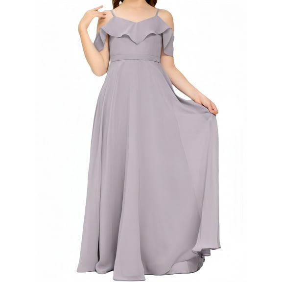 V Neck Junior Bridesmaid Dresses Long Off-Shoulder Chiffon Flower Girl Dress for Teen Girls Party Pageant Gowns-Dusk-10Y
