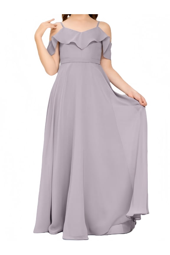 V Neck Junior Bridesmaid Dresses Long Off-Shoulder Chiffon Flower Girl Dress for Teen Girls Party Pageant Gowns-Dusk-10Y