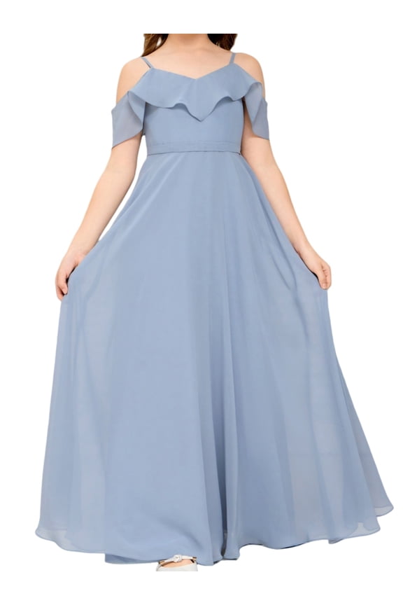 V Neck Junior Bridesmaid Dresses Long Off-Shoulder Chiffon Flower Girl Dress for Teen Girls Party Pageant Gowns-Dusty Blue-10Y