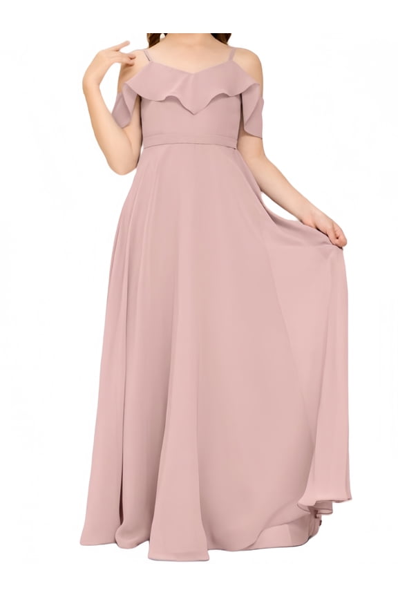 V Neck Junior Bridesmaid Dresses Long Off-Shoulder Chiffon Flower Girl Dress for Teen Girls Party Pageant Gowns-Dusty rose-10Y