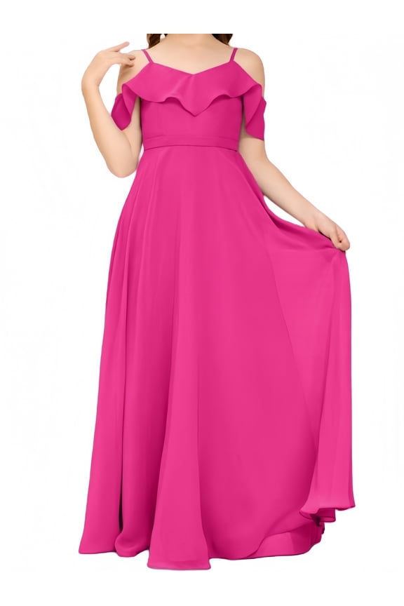 V Neck Junior Bridesmaid Dresses Long Off-Shoulder Chiffon Flower Girl Dress for Teen Girls Party Pageant Gowns-Fuchsia-4Y