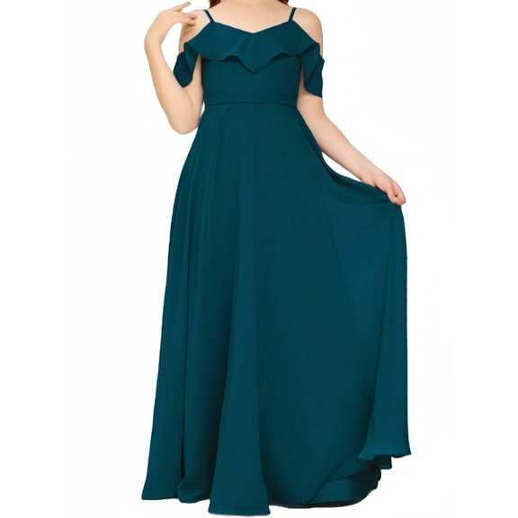 V Neck Junior Bridesmaid Dresses Long Off-Shoulder Chiffon Flower Girl Dress for Teen Girls Party Pageant Gowns-Ink blue-10Y