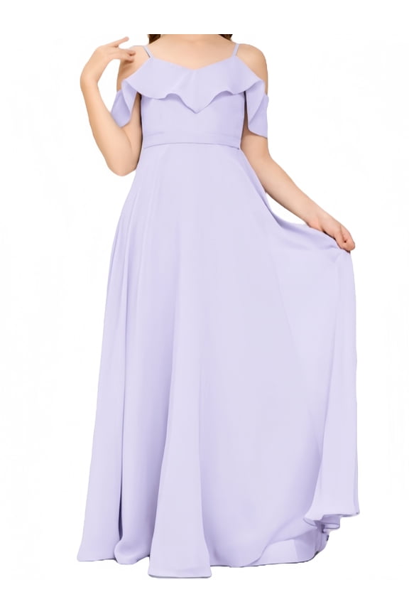 V Neck Junior Bridesmaid Dresses Long Off-Shoulder Chiffon Flower Girl Dress for Teen Girls Party Pageant Gowns-Lilac-10Y