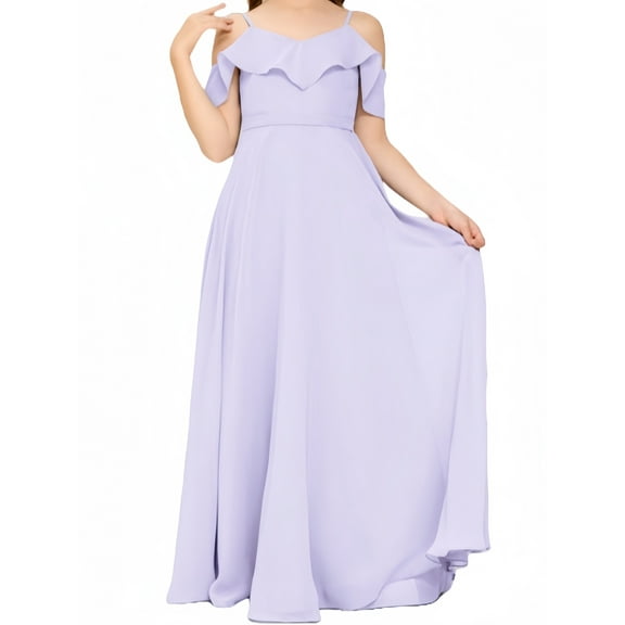V Neck Junior Bridesmaid Dresses Long Off-Shoulder Chiffon Flower Girl Dress for Teen Girls Party Pageant Gowns-Lilac-12Y
