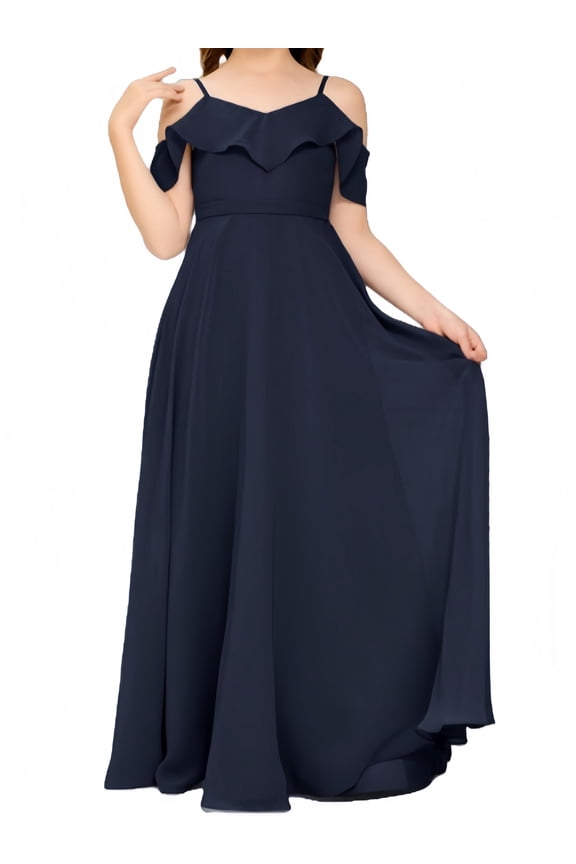 V Neck Junior Bridesmaid Dresses Long Off-Shoulder Chiffon Flower Girl Dress for Teen Girls Party Pageant Gowns-Navy Blue-2Y