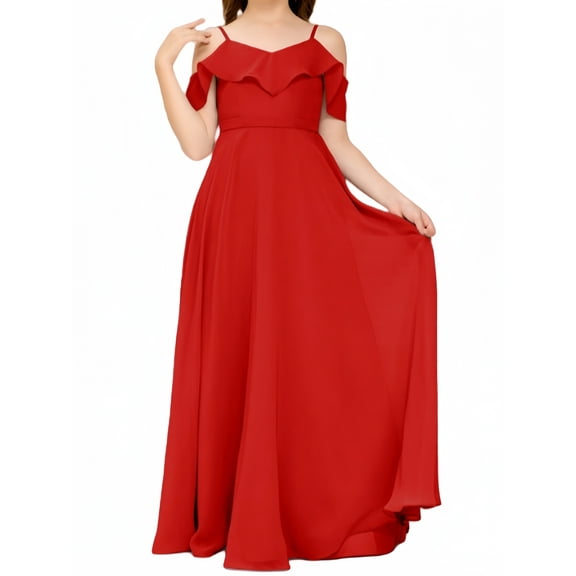 V Neck Junior Bridesmaid Dresses Long Off-Shoulder Chiffon Flower Girl Dress for Teen Girls Party Pageant Gowns-Red-10Y