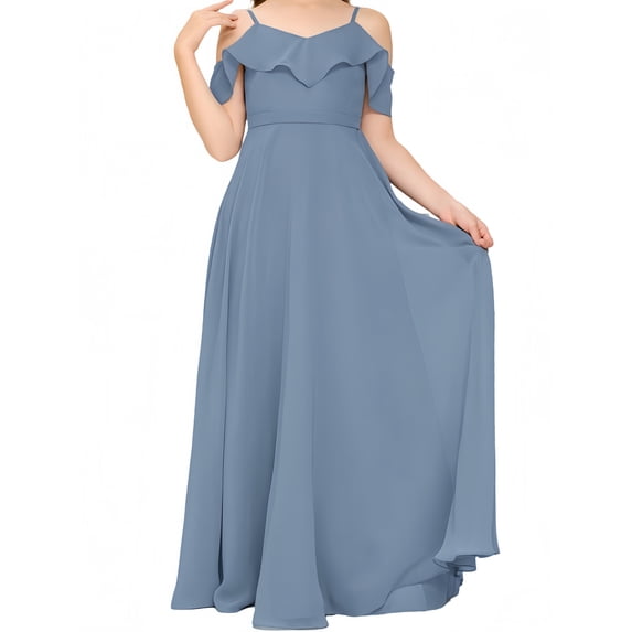 V Neck Junior Bridesmaid Dresses Long Off-Shoulder Chiffon Flower Girl Dress for Teen Girls Party Pageant Gowns-Slate Blue-10Y