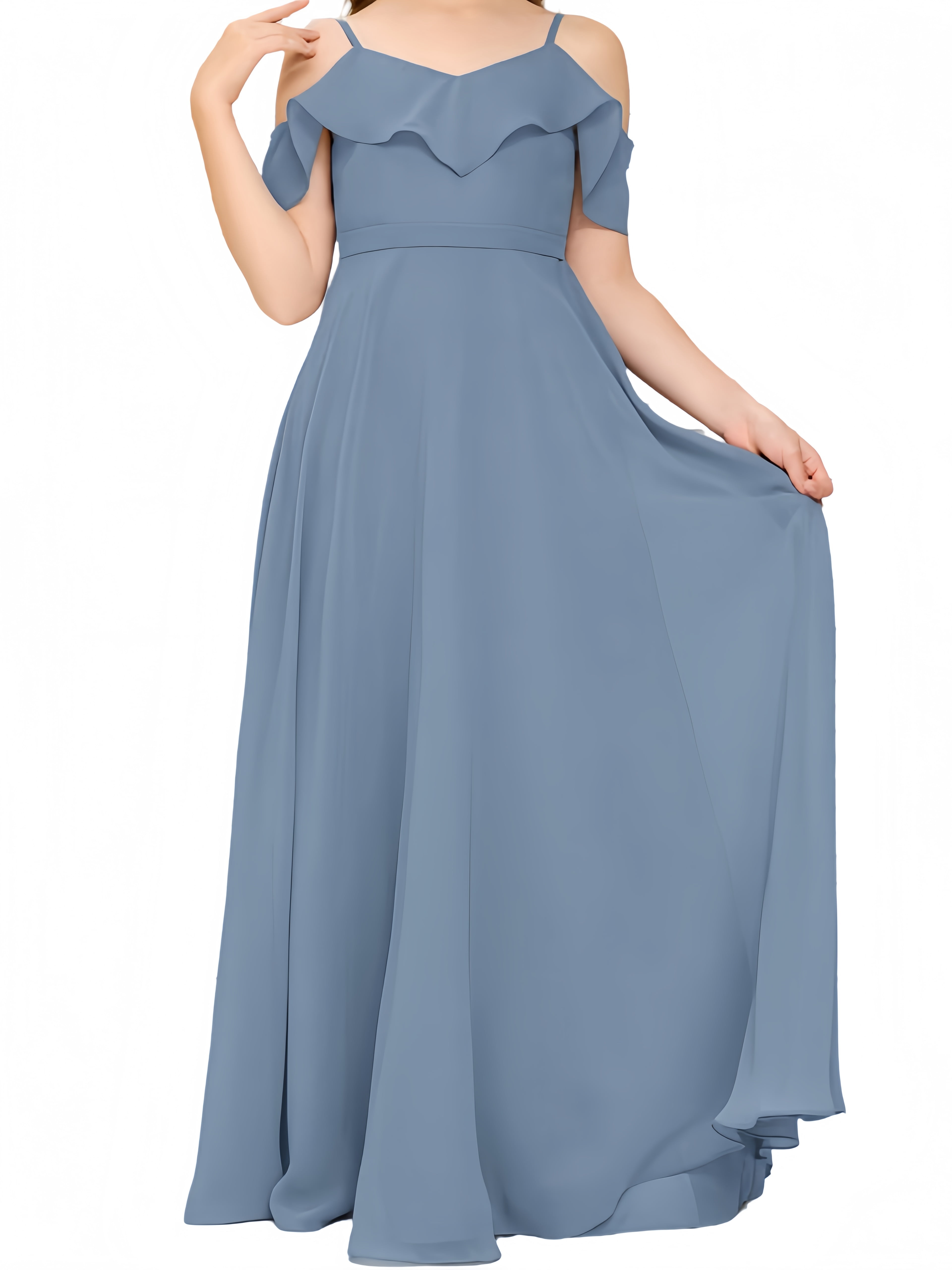 V Neck Junior Bridesmaid Dresses Long Off-Shoulder Chiffon Flower Girl  Dress for Teen Girls Party Pageant Gowns-Slate Blue-4Y