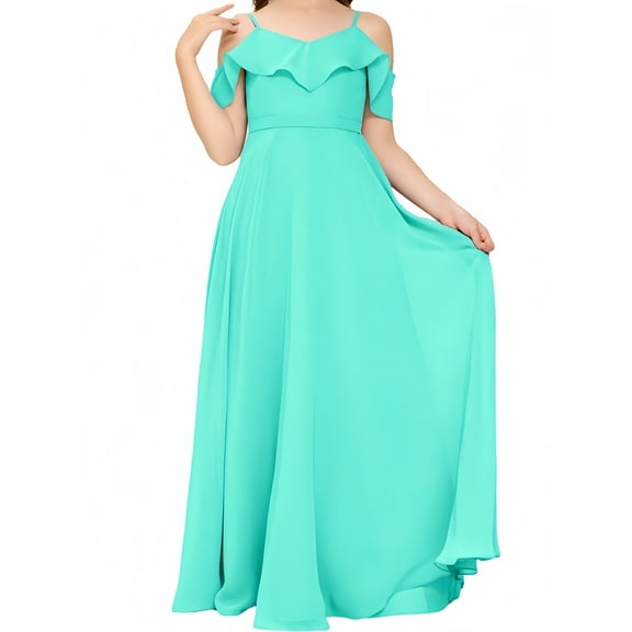 V Neck Junior Bridesmaid Dresses Long Off-Shoulder Chiffon Flower Girl Dress for Teen Girls Party Pageant Gowns-Spa-6Y
