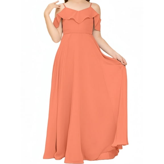 V Neck Junior Bridesmaid Dresses Long Off-Shoulder Chiffon Flower Girl Dress for Teen Girls Party Pageant Gowns-Sunset-4Y