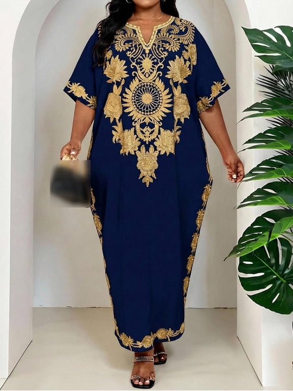 V-Neck Kaftan Maxi Dress for Women Short Sleeve Loose Fit Beach Vacation