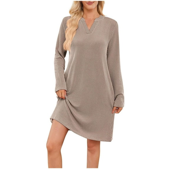 V Neck Knit Dress for Women Long Sleeve Lounge Pajama Dress Loose Fit Casual Soft Fall Winter Dresses
