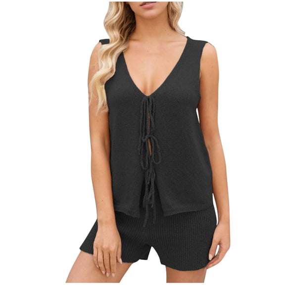V-Neck Knit Sets for Women Sleeveless Tie-Front Tank Veats with Elastic Waist Shorts Loungewear Outfits Soft Sweater Shorts Sets Plus Size Two Piece Sets for Lady Black S