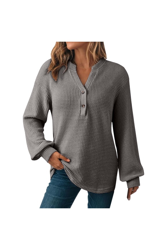 V Neck Knit Tops for Women, Half Button Tunic Tops, Casual Long Sleeve Pullover Sweatshirts,