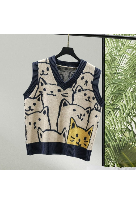 V Neck Knitted Sweater Vest, Cute Cartoon Animal Patterns Gilets Vest Comfortable Sleeveless Fashion Top Jumpers Casual Women Knitwear
