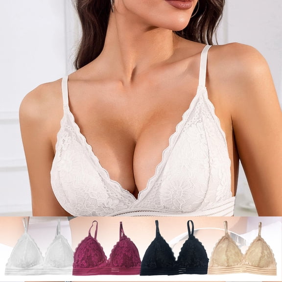 V-Neck Lace Bralette, Adjustable Straps & Lightly Padded, Pretty Everyday Bra for Low Cut Tops, Leisure Wear & Comfort White Large