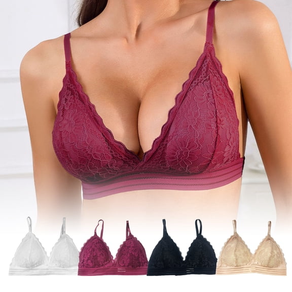 V-Neck Lace Bralette, Adjustable Straps & Lightly Padded, Pretty Everyday Bra for Low Cut Tops, Leisure Wear & Comfort Wine X-Large