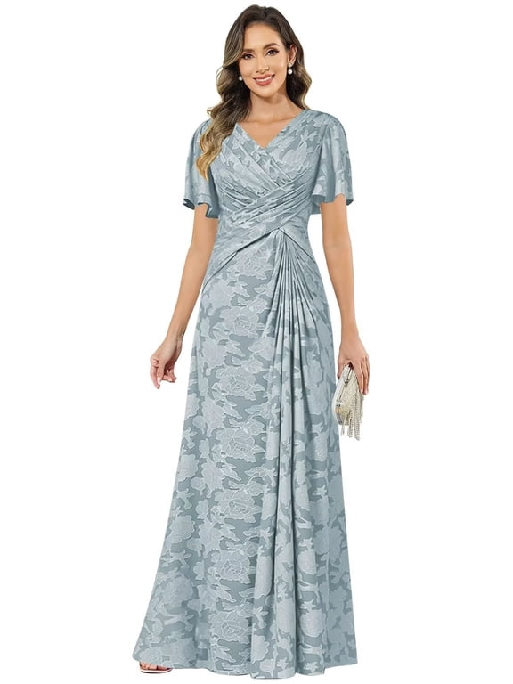 V‑Neck Lace Mother of the Bride Dress Flutter Sleeves Floral Jacquard Formal Dress WD011