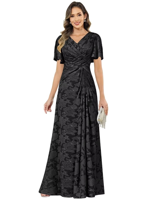 V‑Neck Lace Mother of the Bride Dress Flutter Sleeves Floral Jacquard Formal Dress WD011
